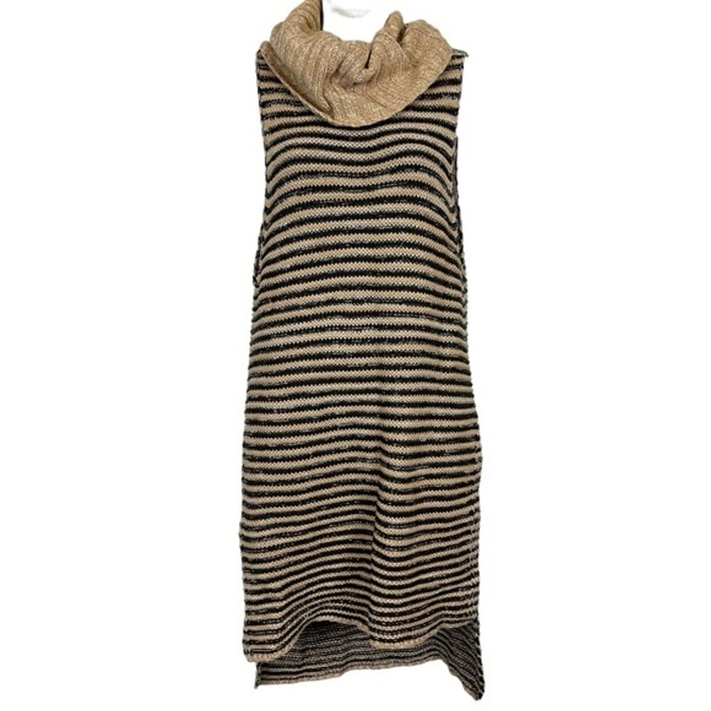 Mystree Women's Tan & Navy Blue Side Slit Cowl Neck Long Line Sweater Top S / M